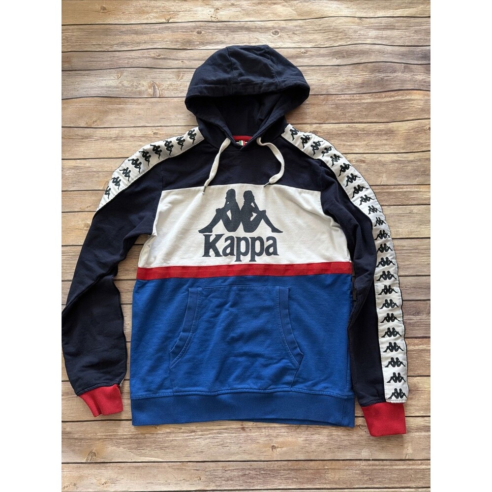 Kappa Navy White Blue Colorblock Logo Hooded Jacket with Red Accents
